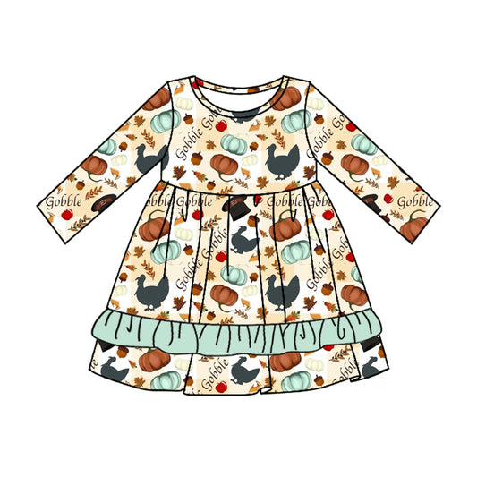 Baby Girl Long Sleeves turkey Pumpkin Thanksgiving Fall Dress