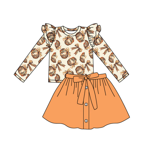 Baby Girl Long Sleeves Pumpkin Tops Orange Skirt Set