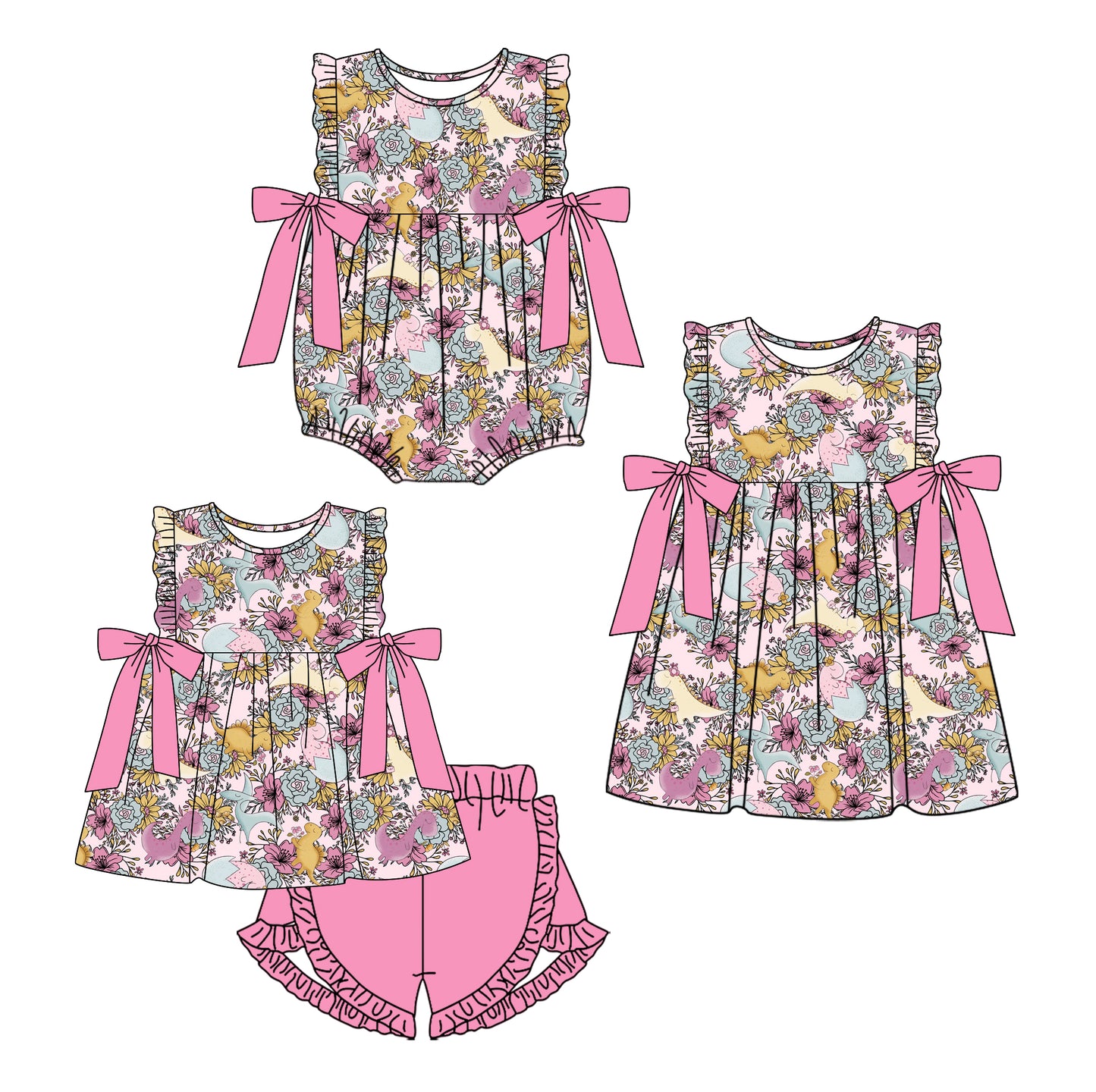 Baby Girl Dinosaurs Eggs Flower Bows Sibling Romper Dress Clothes Set ( Moq 5 Each Design )