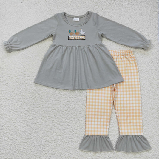 GLP0724 Baby Girl Long Sleeves Duck Goose Tunic Plaid Pants Outfit