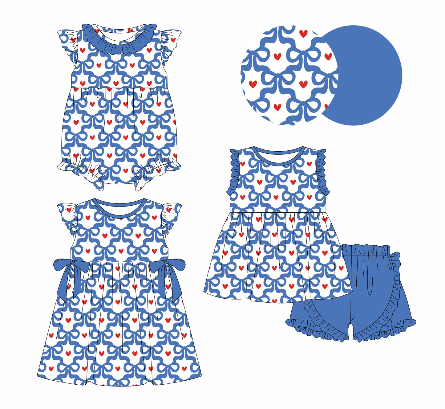 Baby Girl Blue Bows Hearts Sibling Romper Dress Set ( Moq 5 Each Style ) 12.31