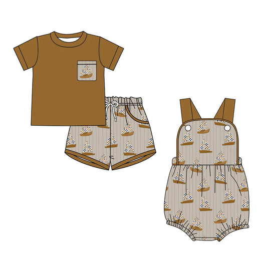 ( Moq 5 Each Style ) Sibling Baby Boy Toddler Boats Shirt Pockets Shorts Brown Set Romper