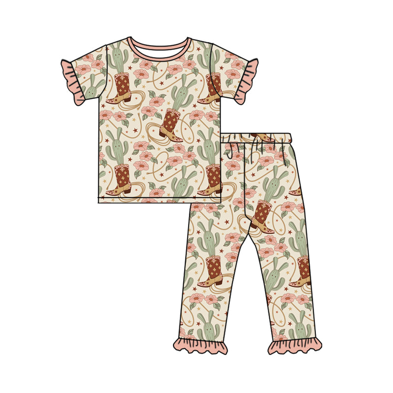 Baby Girl Short Sleeves Boots Cactus Flower Shirt Pants Pajamas Western Set Moq 5