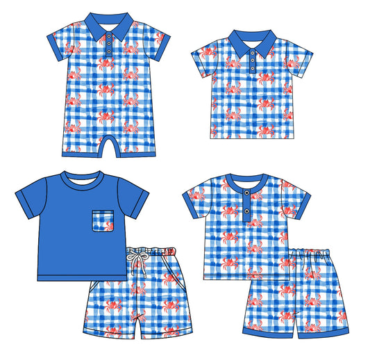 ( Moq 5 Each Style ) Baby Boy Short Sleeves Crawfish Plaid Sibling Summer Blue Romper Shirt Set 4.23