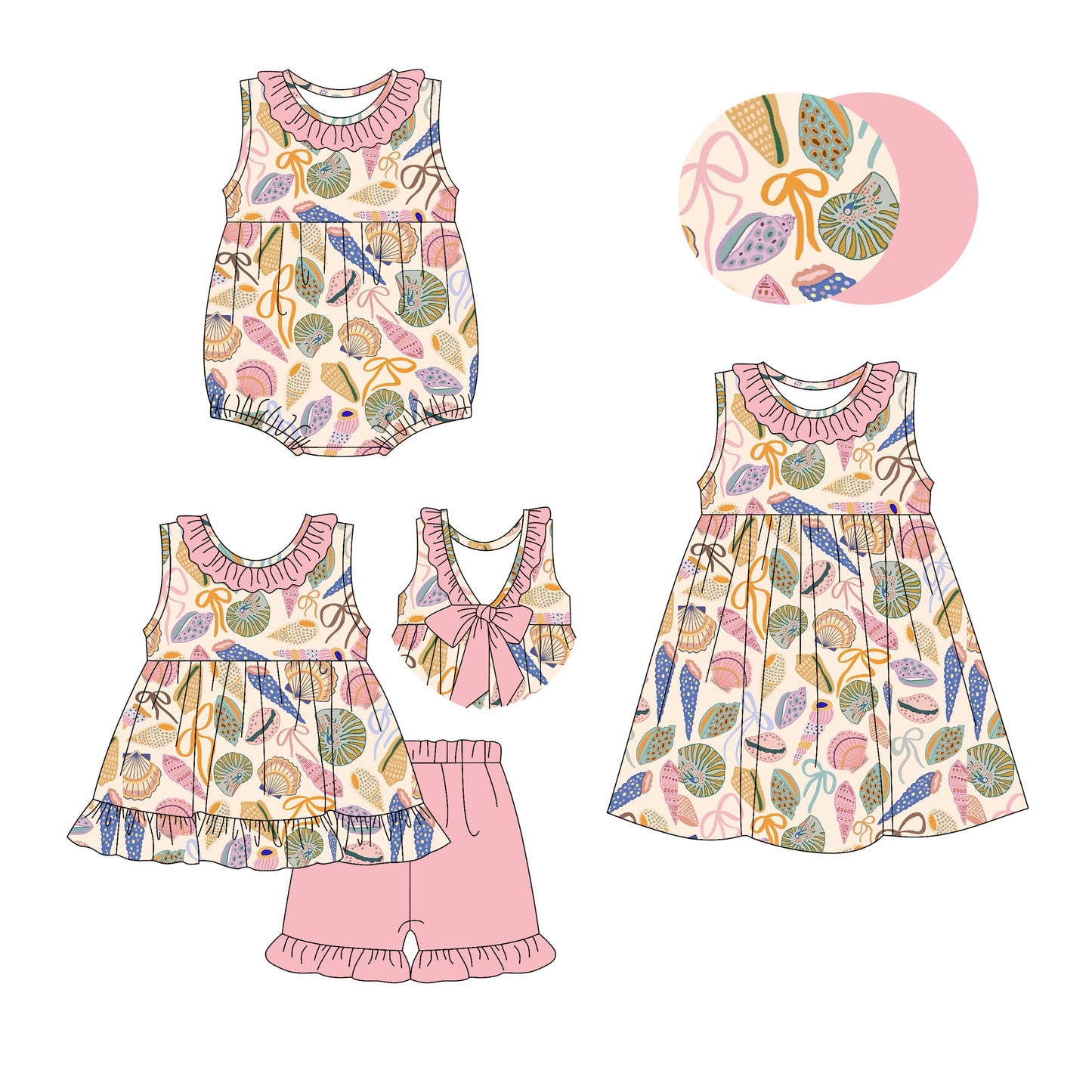 Baby Girl Shell Bows Ruffle Sibling Romper Dress Set ( Moq 5 Each Style ) 3.12