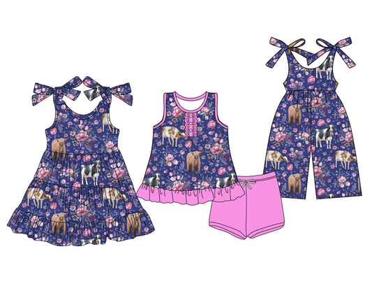 Baby Girl Western Cow Flower Purple Sibling Jumpsuit Dress Set ( Moq 5 Each Style ) 3.13