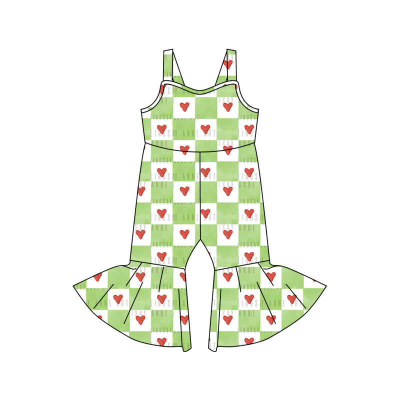 Baby Girl Sleeveless Hearts Green Checkered Clothes Jumpsuit