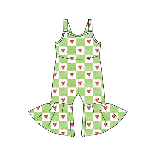 Baby Girl Sleeveless Hearts Green Checkered Clothes Jumpsuit