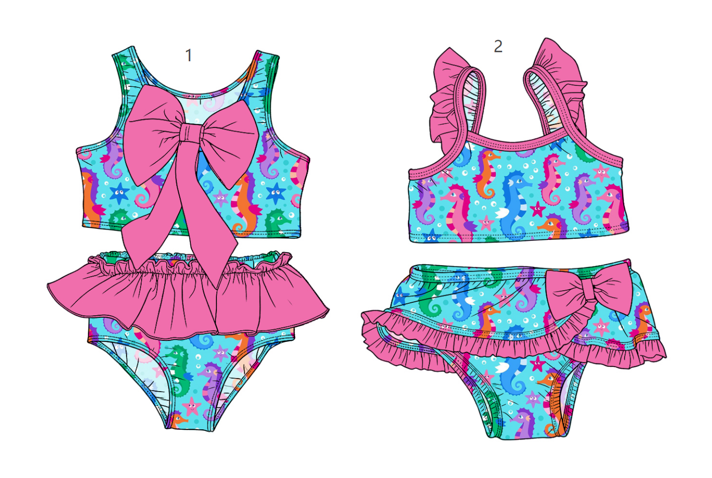 ( Moq 5 Each Style ) Sibling Baby Girls Kids Sea Horse Tops Ruffle Shorts Bows Sets Summer Swimsuits