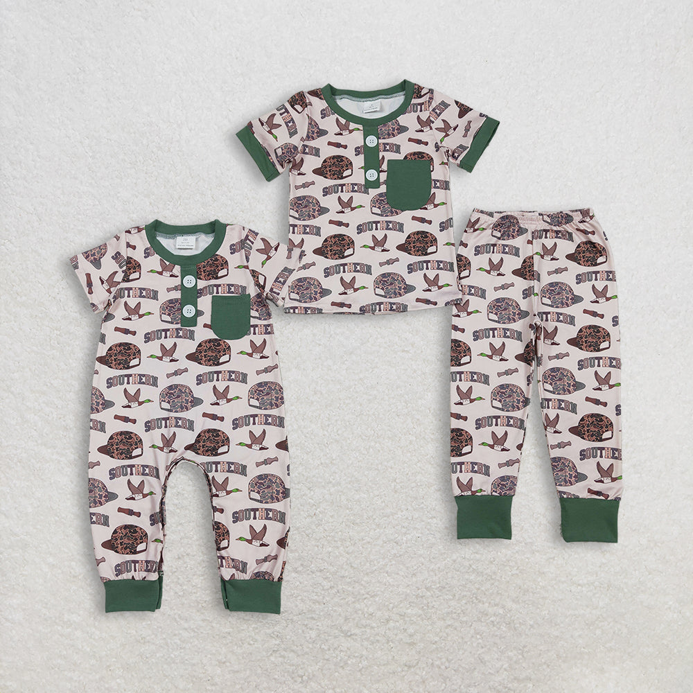 Sibling Baby Boys Short Sleeves Camo Hats Ducks Hunting Southern Buttons Romper Outfit RTS