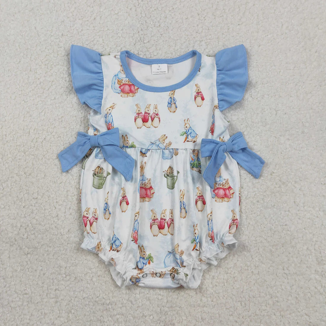Sibling Baby Girls Kids Short Sleeves Rabbits Blue Bows Easter Romper Dress Set RTS