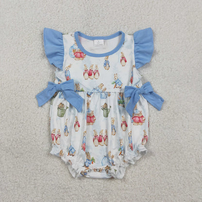 Sibling Baby Girls Kids Short Sleeves Rabbits Blue Bows Easter Romper Dress Set RTS