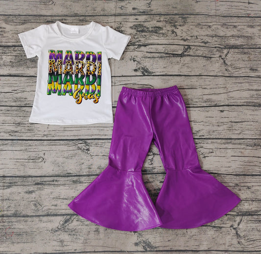 No moq Pre-order GSPO1127 Baby Girl Mardi Gras Shirts Purple Bell Pants Set