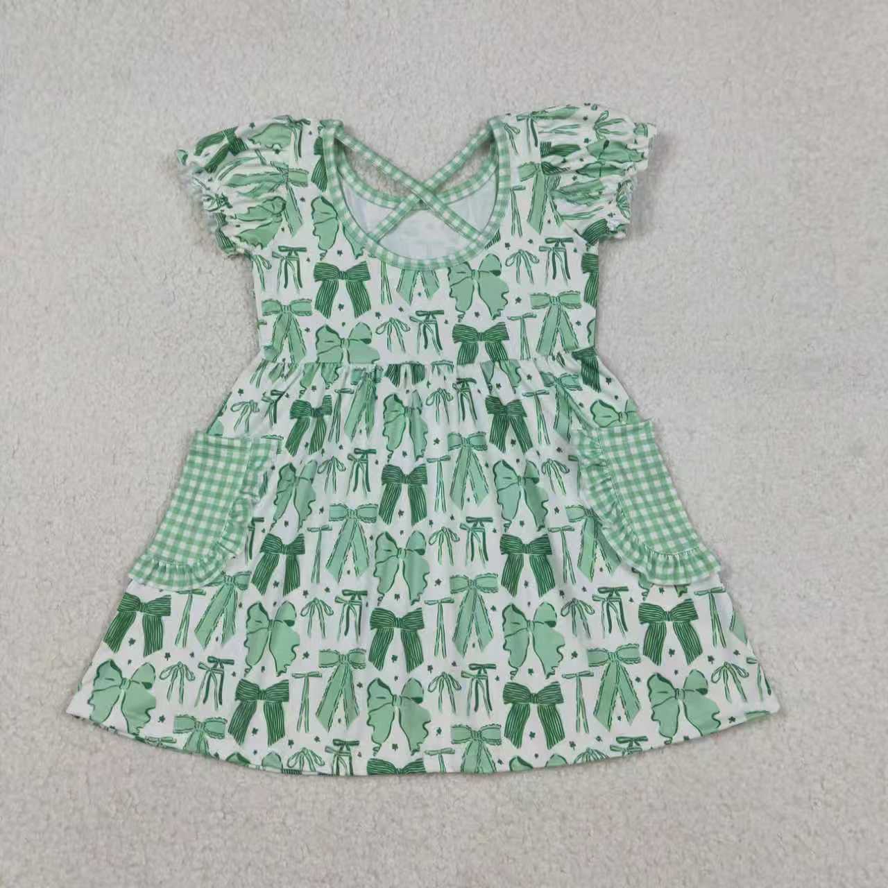 Sibling Baby Girls Kids Short Sleeves Green Bows St Patrick Romper Dress RTS
