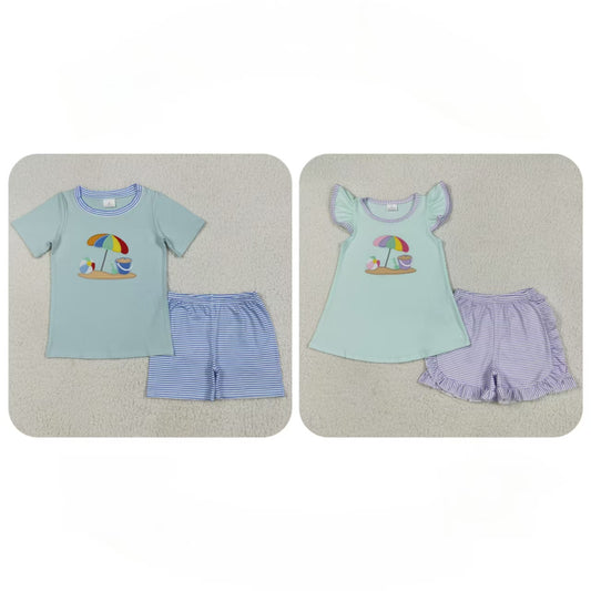 Baby Boy Girl Short Sleeves Embroidery Beach Tops Stripes Shorts Set Sibling Clothes RTS