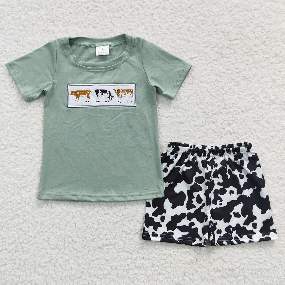 GSSO0305 Baby Girl Short Sleeves Embroidery Shirt Cow Print Ruffle Shorts Outfit