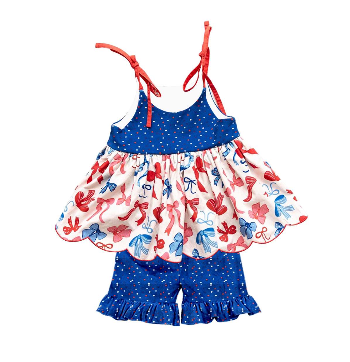 ( Moq 5 ) Preorder Baby Girl Kids Straps Bows Scallop Tops Ruffle Shorts Set 4th of July Clothes