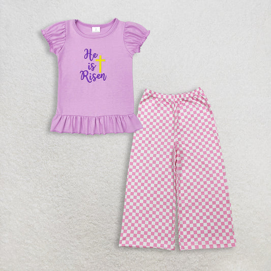 Baby Girls Kids Short Sleeves Embroidery Tops Pink Plaid Pants Easter Set RTS