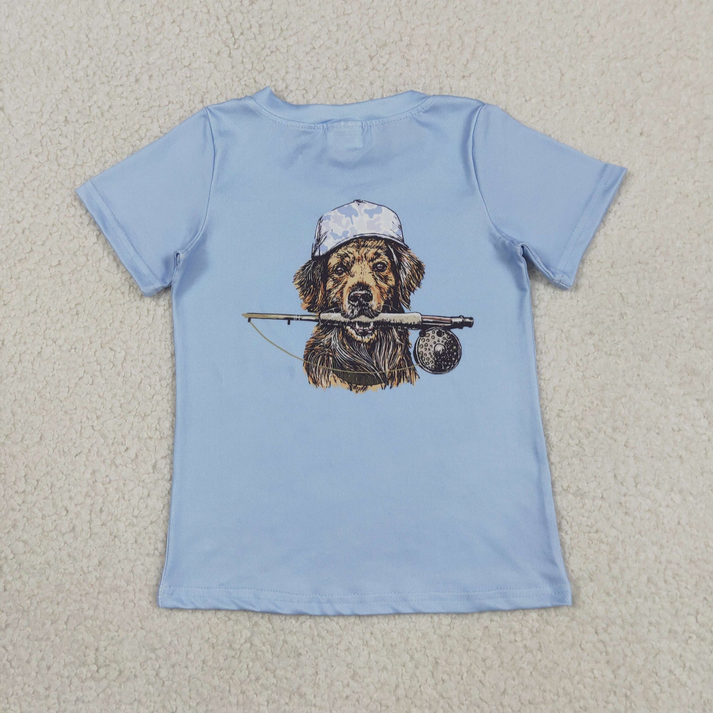 Sibling Baby Boys Kids Short Sleeves Dog Fishing Blue Shirts Tops RTS