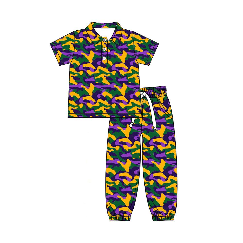 ( Moq 5 ) Preorder Baby Boys Kids Short Sleeves Buttons Shirt Pockets Camo Pants Mardi Gras Set Clothes