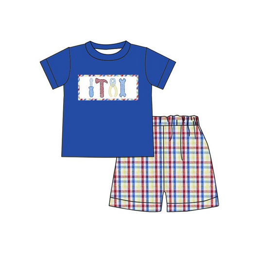 Moq 3 Pre-order BSSO0708 Baby Boy Short Sleeves Tools Shirt Plaid Shorts Set