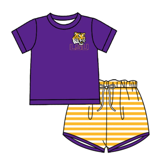 ( Moq 5 ) Baby Boys Short Sleeves Tiger Purple Shirt Stripes Shorts Team Clothes Set