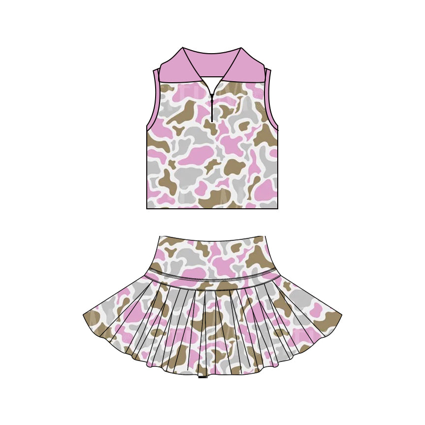 ( Moq 5 ) Preorder Baby Girls Kids Sleeveless Zipper Camo Tops Skirt Shorts Yoga Pink Set