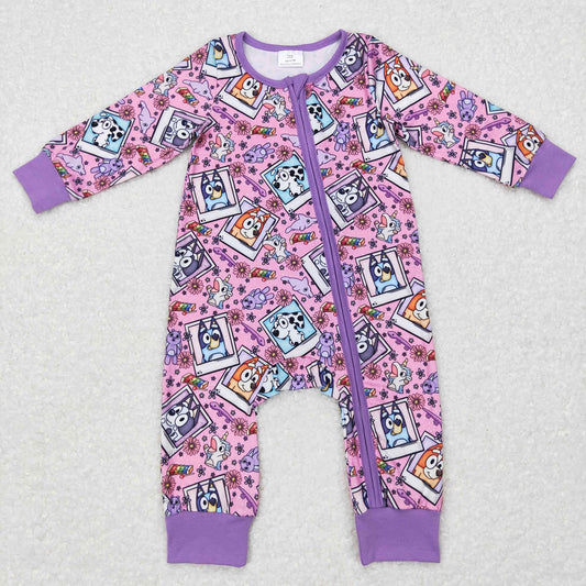 LR0331 Baby Girl Long Sleeves Zip Dogs Floral One Piece Romper