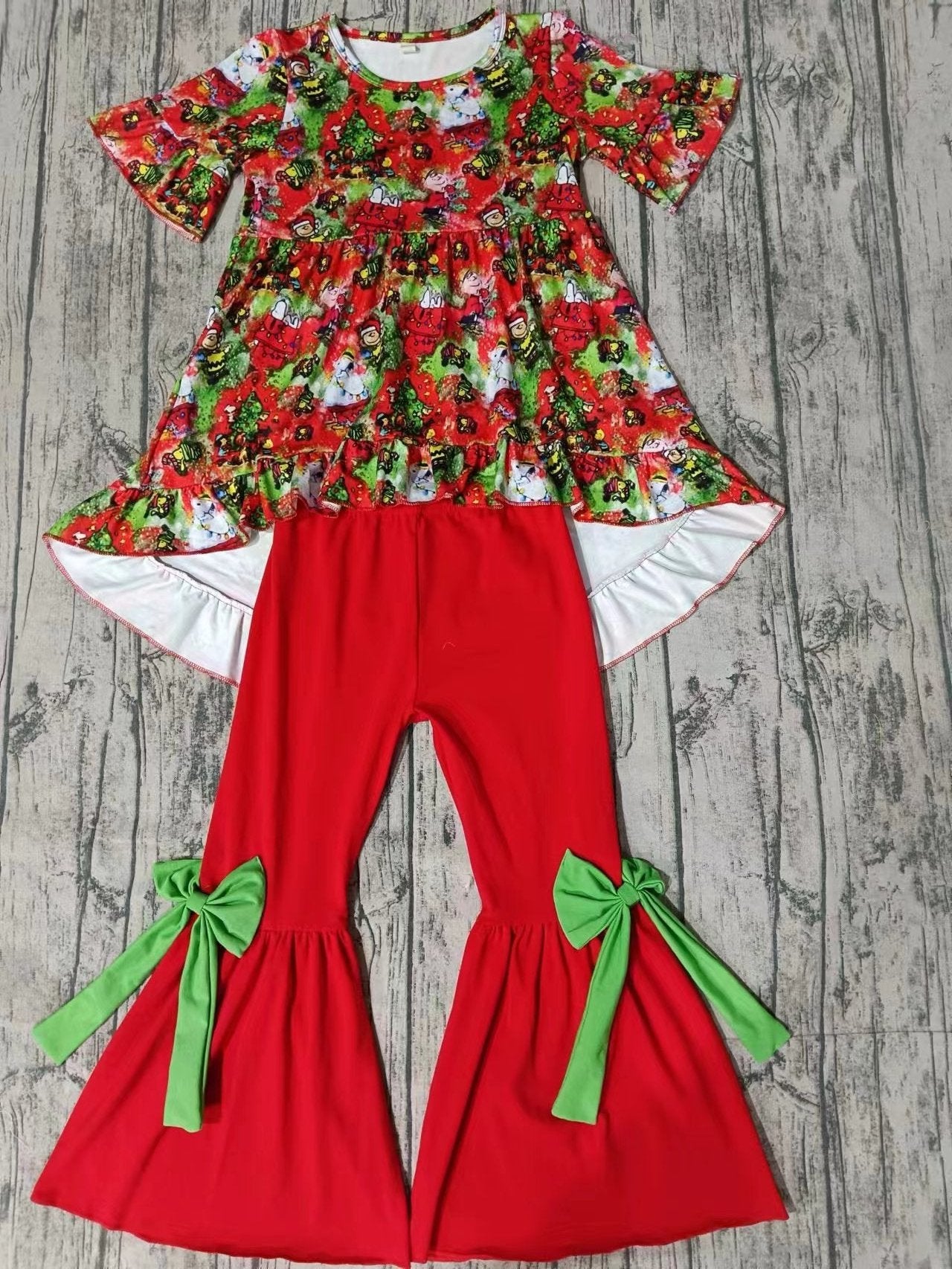 Baby Girl Toddler Short Sleeves Christmas Tunic Red Ruffle Pants Set