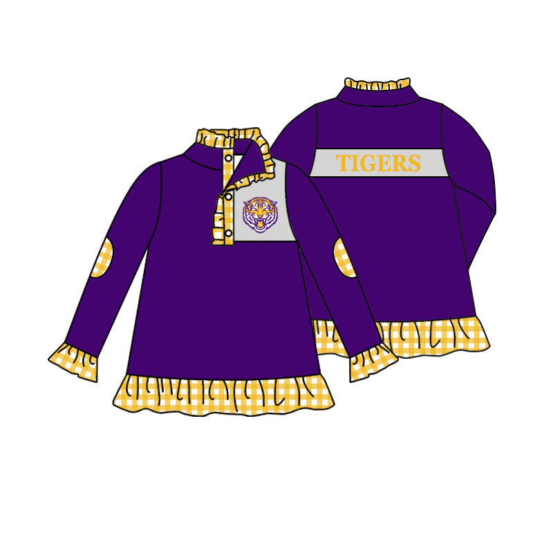 Baby Girl Long Sleeves Tigers Purple Buttons Team Pullover Shirt Tops