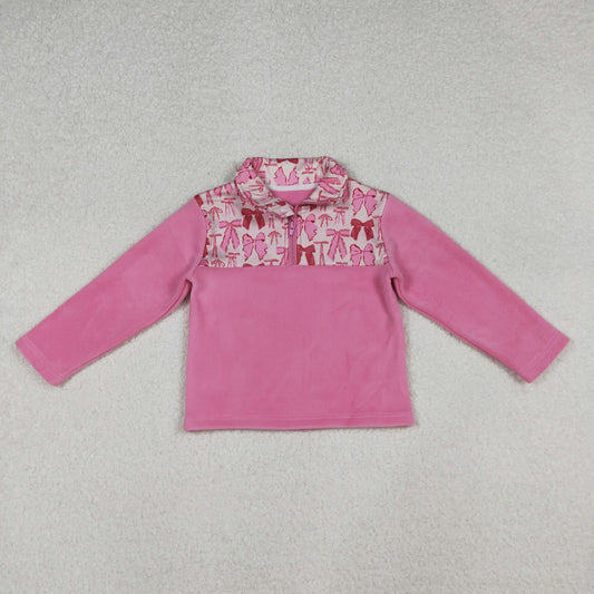 Baby Girl Pink Long Sleeves Bows Zipper Fleece Pullover Shirt RTS