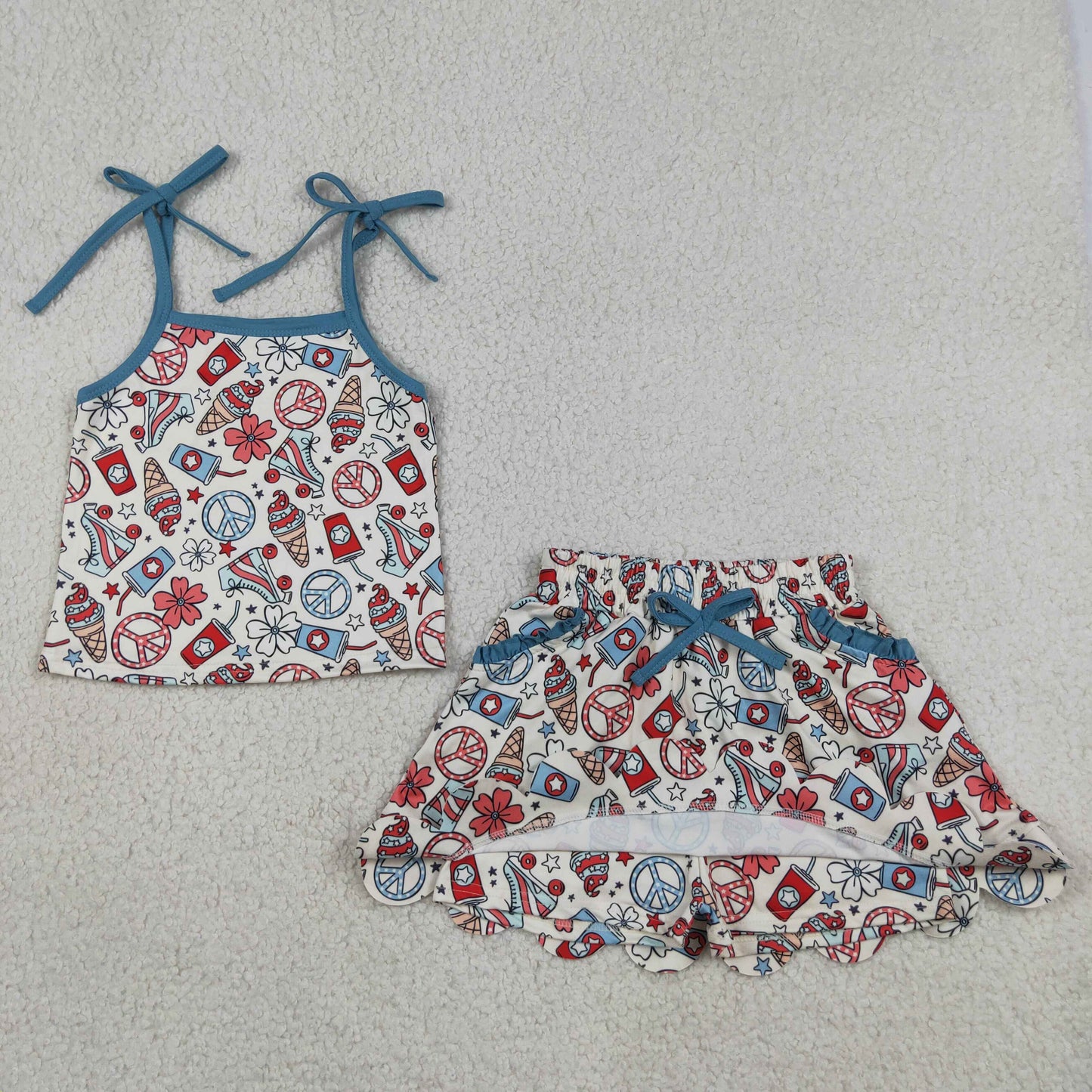 Baby Girl Kids Straps Flower Tops Pockets Skirt Shorts 4th of July Set RTS