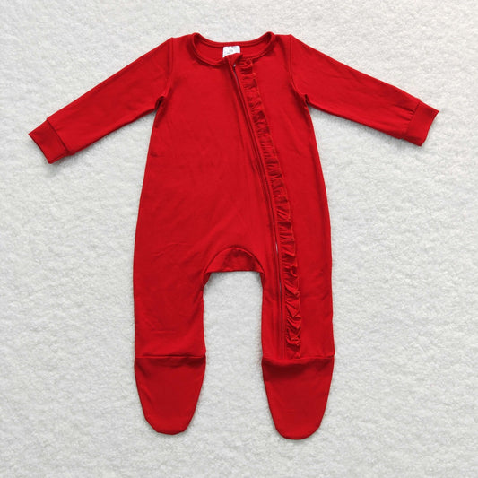 LR0550 Baby Girl Long Sleeves Christmas Red Cotton One Piece Zipper Footie Romper