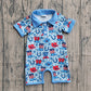 Baby Boys Short Sleeves Buttons Hats Boots Stars 4th of July Western Blue Romper RTS