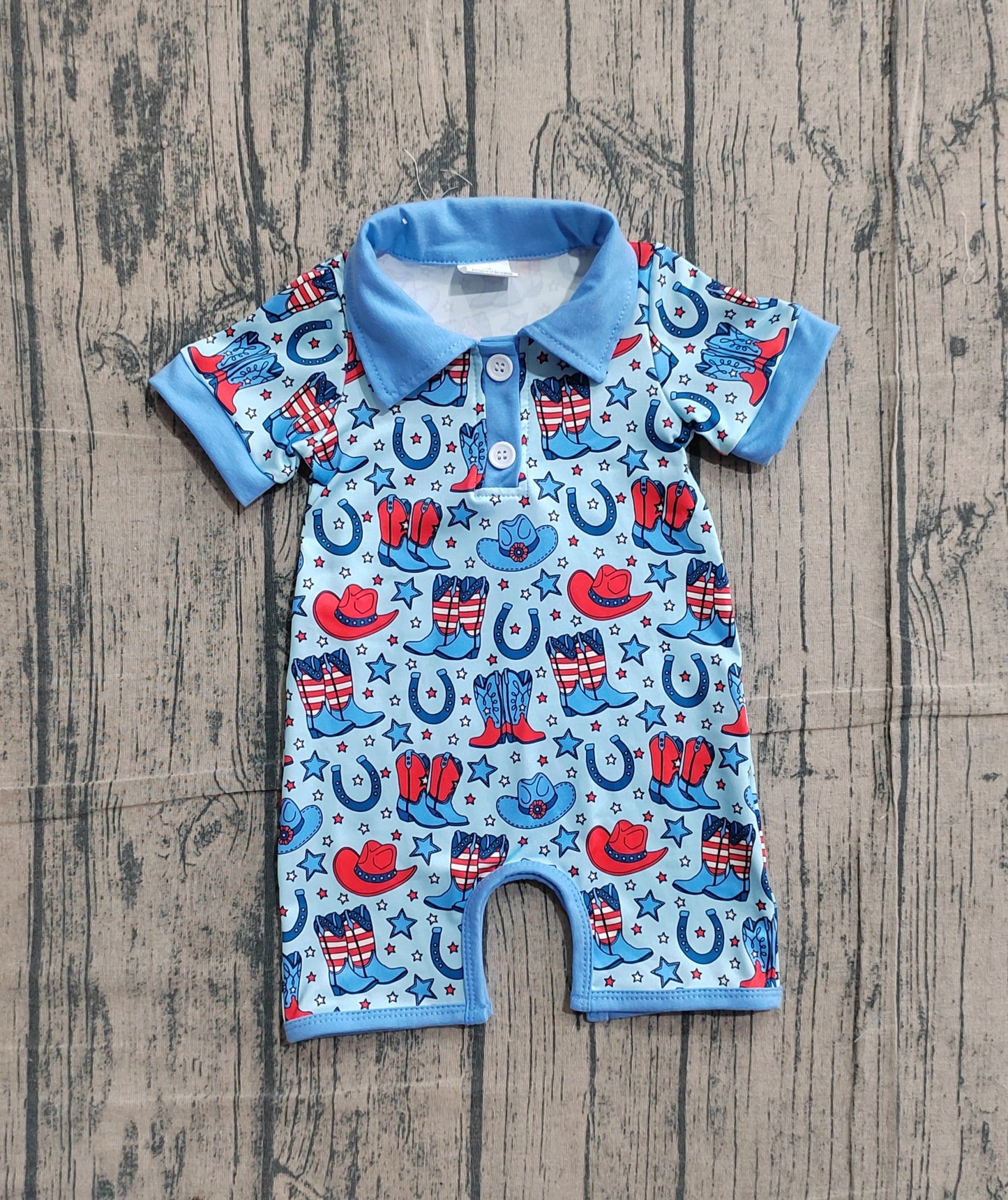 Baby Boys Short Sleeves Buttons Hats Boots Stars 4th of July Western Blue Romper RTS