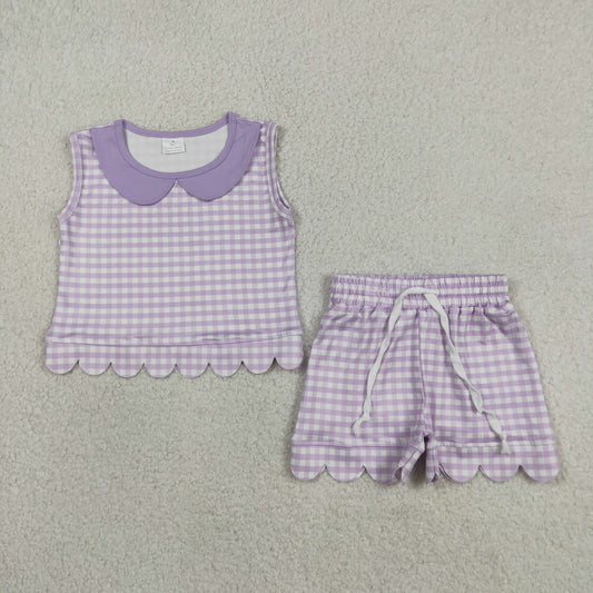 Baby Girls Kids Purple Plaid Shirt Scallop Shorts Summer Set Clothes RTS