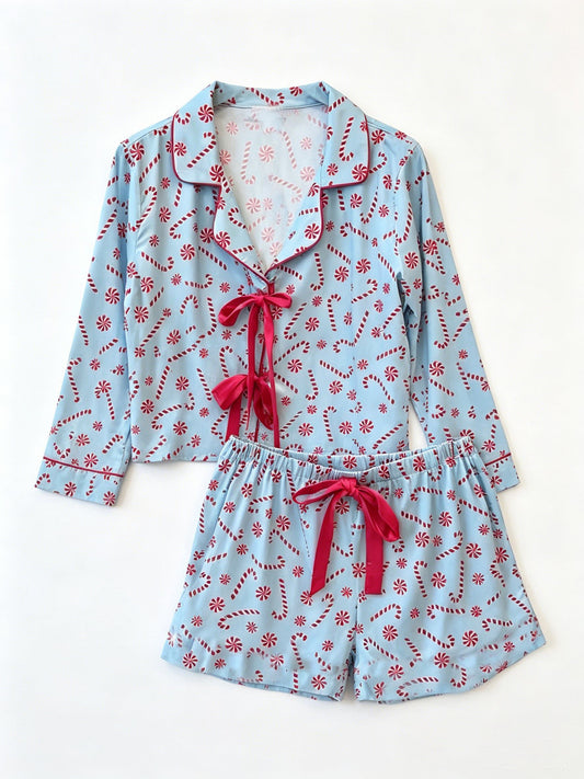 ( Moq 5 ) Preorder Baby Girls Kids Christmas Candy Buttons Shirt Pockets Shorts Blue Pajamas Bows Set Clothes