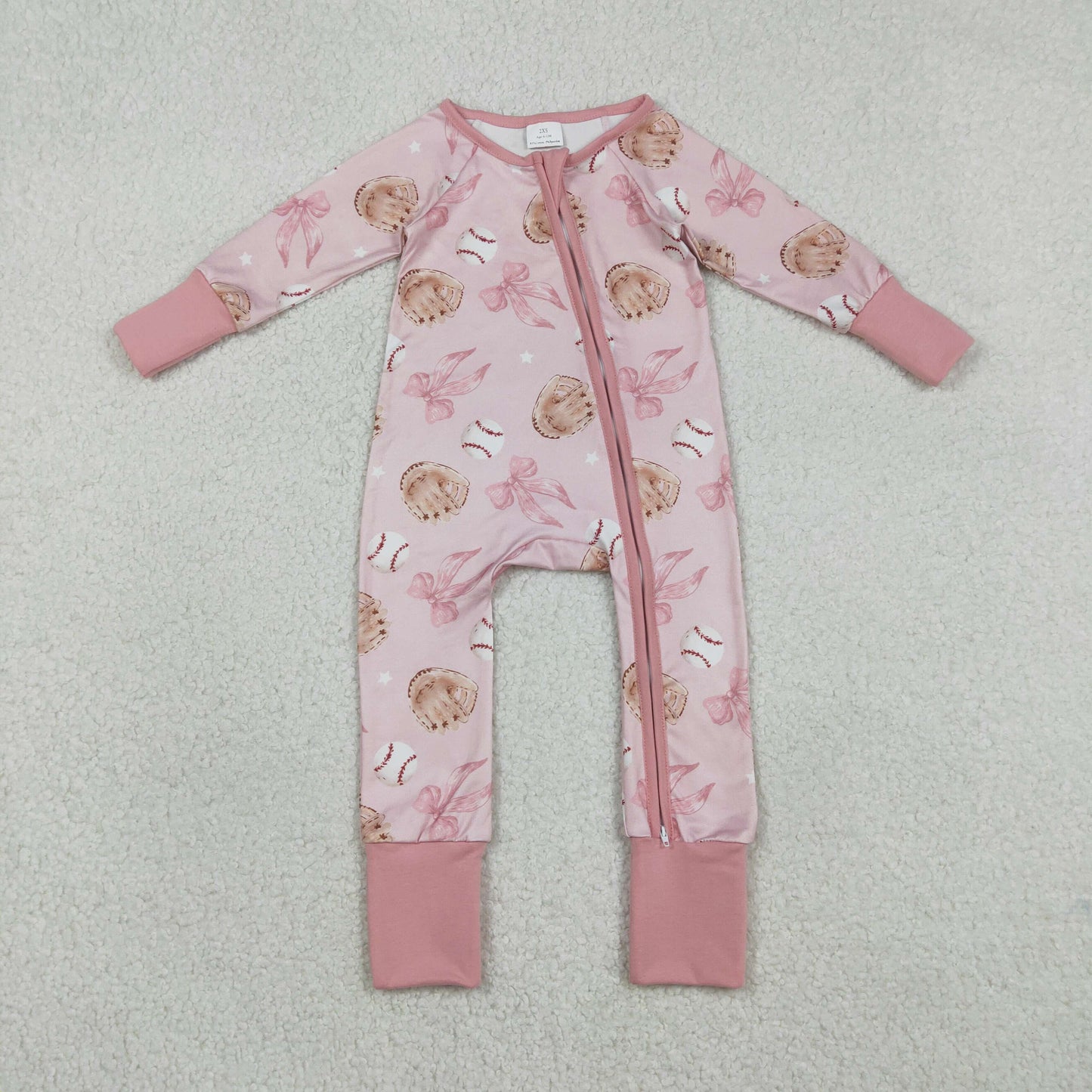 Baby Girls Long Sleeves Baseballs Bows Zipper Sleeper Pink Romper RTS