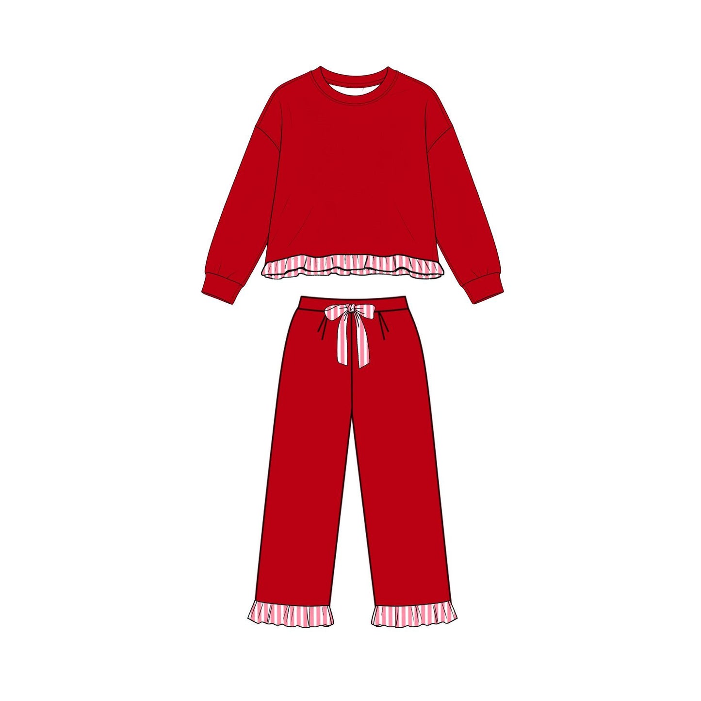 ( Moq 5 ) Preorder Baby Girls Kids Long Sleeves Red Shirt Pockets Pants Set Sweatsuit‌ Clothes