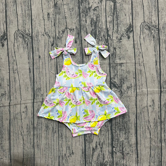 ( No moq )  Preorder Baby Girls Infant Sleeveless Fruits Blue Stripes Summer Ruffle Romper