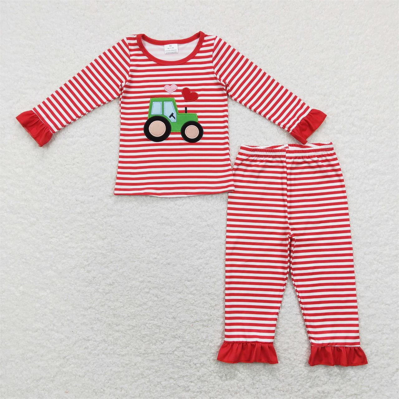 LR0846 Baby Boy Long Sleeves Valentine's Day Embroidery Tractor Hearts One Piece Romper