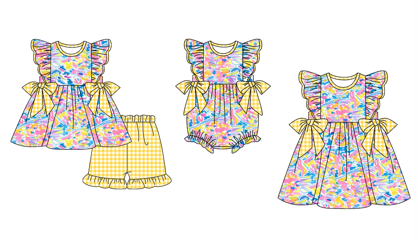 Baby Girl Short Sleeves Baseball Flower Yellow Bows Romper Dress Clothes Set ( Moq 5 Each Design )12.2