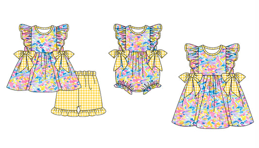 Baby Girl Short Sleeves Baseball Flower Yellow Bows Romper Dress Clothes Set ( Moq 5 Each Design )12.2