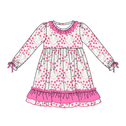 Baby Girl Long Sleeves Ghost Flower Halloween Pink Dress