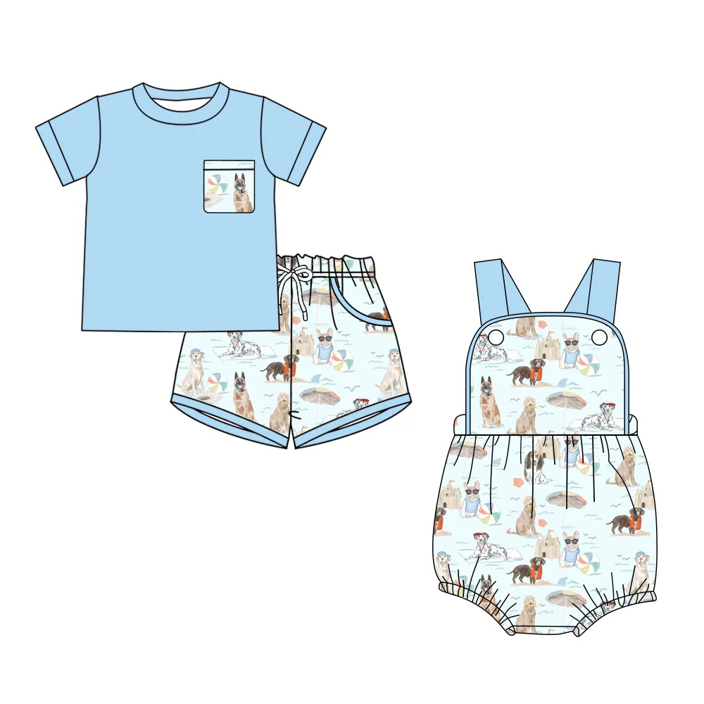 ( Moq 5 Each Style ) Sibling Baby Boy Toddler Dogs Shirt Pockets Shorts Blue Set Romper