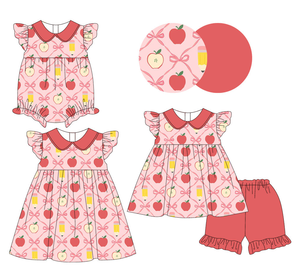 Baby Girl Back To School Apple Pencil Bows Sibling Romper Dress Set ( Moq 5 Each Style ) 1.10
