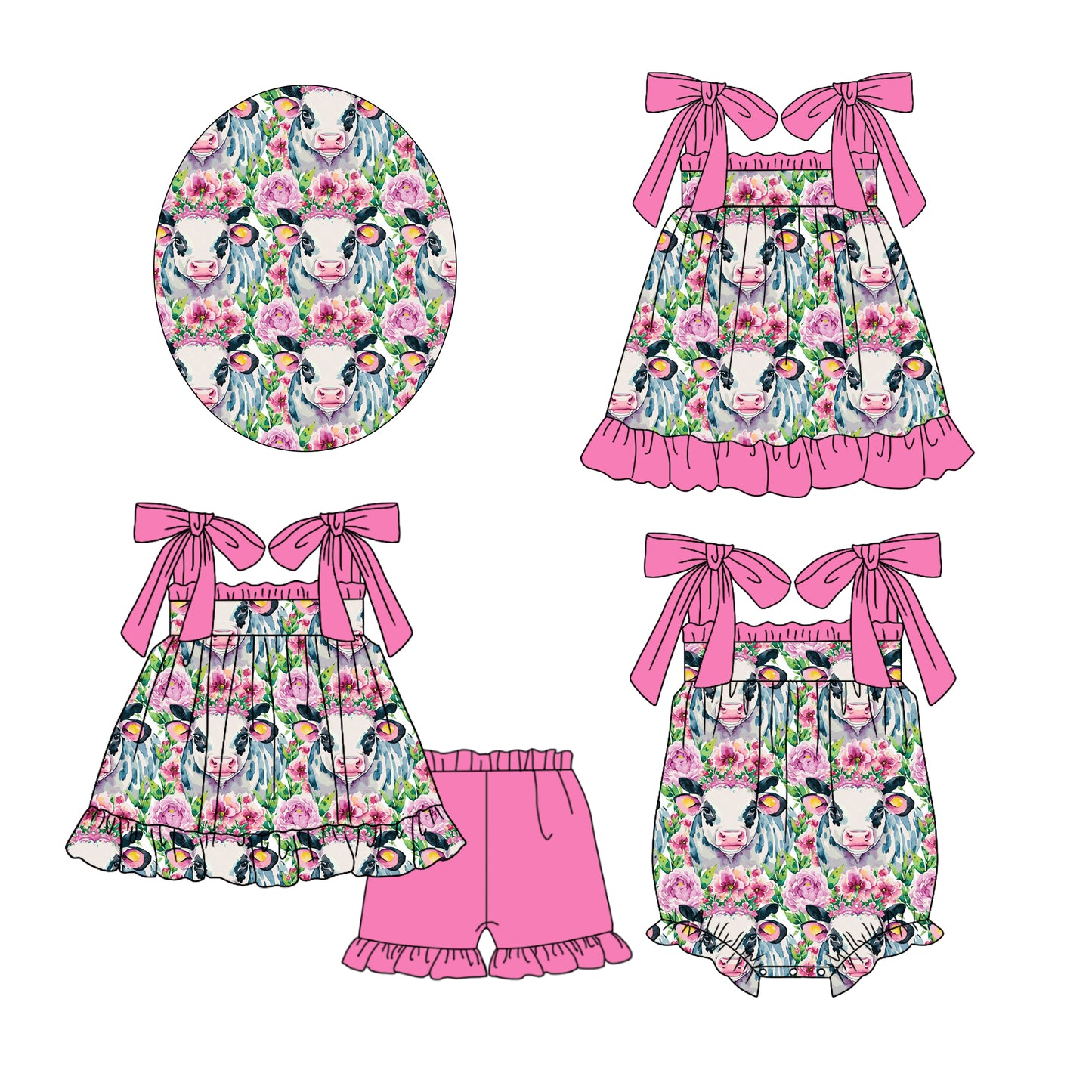 Baby Girl Cow Flower Straps Sibling Summer Romper Dress Clothes Set ( Moq 5 Each Design )11.23