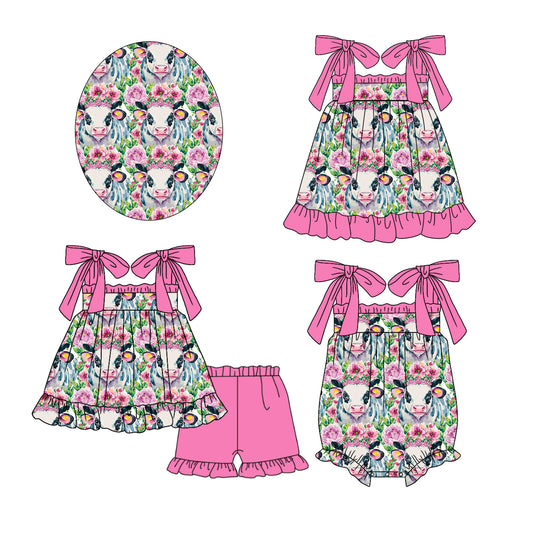 Baby Girl Cow Flower Straps Sibling Summer Romper Dress Clothes Set ( Moq 5 Each Design )11.23