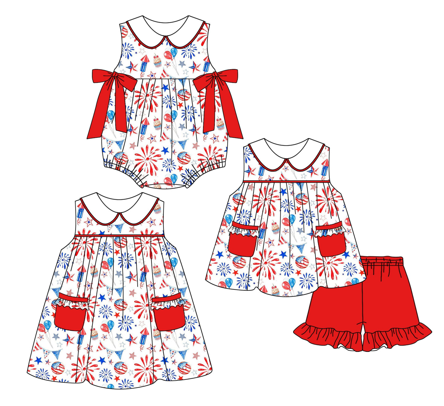 Baby Girl 4th of July Bows Sibling Romper Dress Set ( Moq 5 Each Style ) 2.21