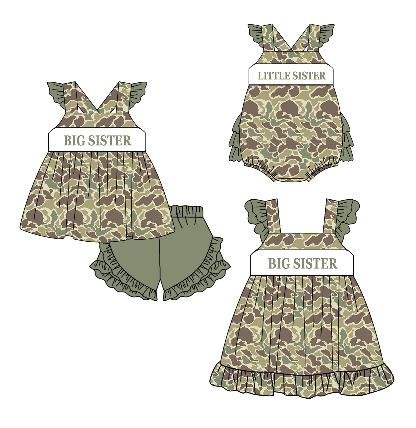 Baby Girl Big Little Sister Camo Sibling Romper Dress Clothes Set ( Moq 5 Each Design )11.20